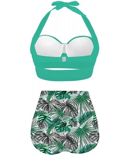 Sets Womens Halter Retro Tropical Leaves Summer Pattern SwimsuitsTwo Piece High Waisted Bikini - Green Mint - CM196N6S66S