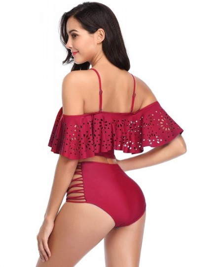 Sets Women Swimsuits Two Pieces Off Shoulder Ruffle Tankini High Waisted Bathing Suits - Red - CO18HZTHRKA