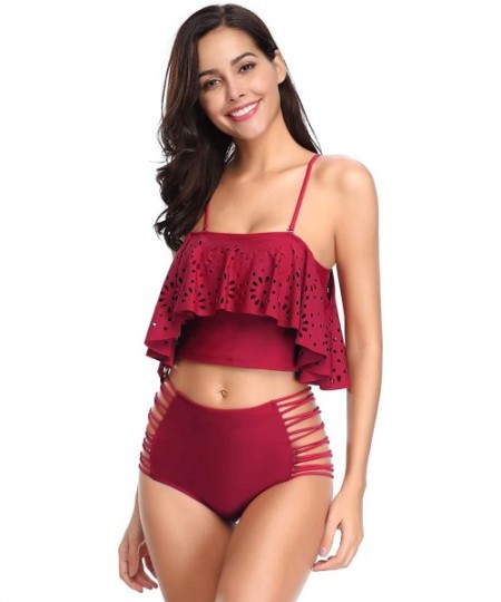 Sets Women Swimsuits Two Pieces Off Shoulder Ruffle Tankini High Waisted Bathing Suits - Red - CO18HZTHRKA