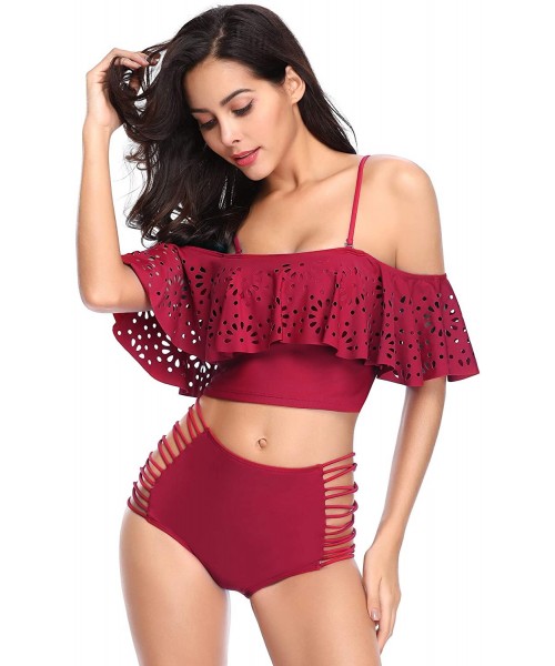 Sets Women Swimsuits Two Pieces Off Shoulder Ruffle Tankini High Waisted Bathing Suits - Red - CO18HZTHRKA