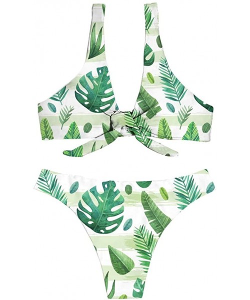 Sets Tropical Style Women Swimsuit Women Bandage Tie Knot Front Bikini Tankini Sets High Cut Thongs - Palm Leaf-1 - CK18QKUZNNS