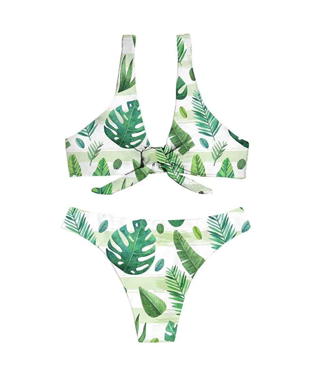 Sets Tropical Style Women Swimsuit Women Bandage Tie Knot Front Bikini Tankini Sets High Cut Thongs - Palm Leaf-1 - CK18QKUZNNS