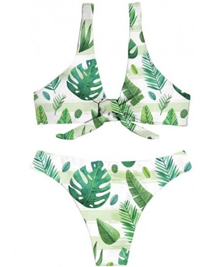 Sets Tropical Style Women Swimsuit Women Bandage Tie Knot Front Bikini Tankini Sets High Cut Thongs - Palm Leaf-1 - CK18QKUZNNS