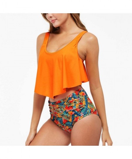 Tankinis Women's Flounce Tankini Falbala Swimsuit Flowy Ruffle High Waisted Bathing Suits - Orange - CJ190MZC48Z