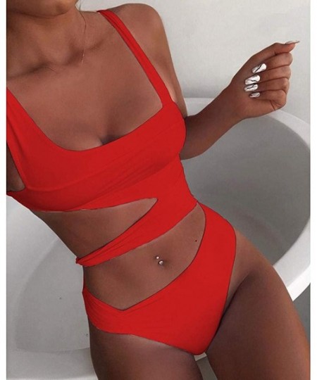 One-Pieces Swimsuits Bathing Suits Women Sexy Monokini Cut Out Bikini One Piece Padded Bandage Swimwear - Red - CZ194N57X2S