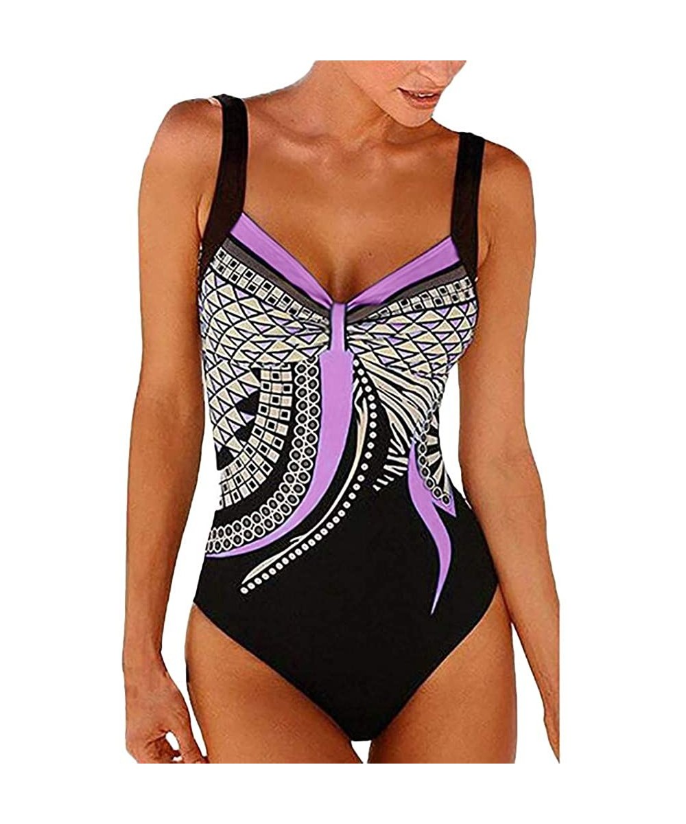 One-Pieces 2020 Floral Triangular Geometry V Neck One-Piece Backless Swimwear - Purple_99 - CT18U4CKLMY