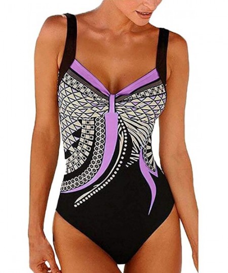 One-Pieces 2020 Floral Triangular Geometry V Neck One-Piece Backless Swimwear - Purple_99 - CT18U4CKLMY