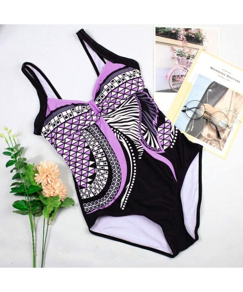 One-Pieces 2020 Floral Triangular Geometry V Neck One-Piece Backless Swimwear - Purple_99 - CT18U4CKLMY