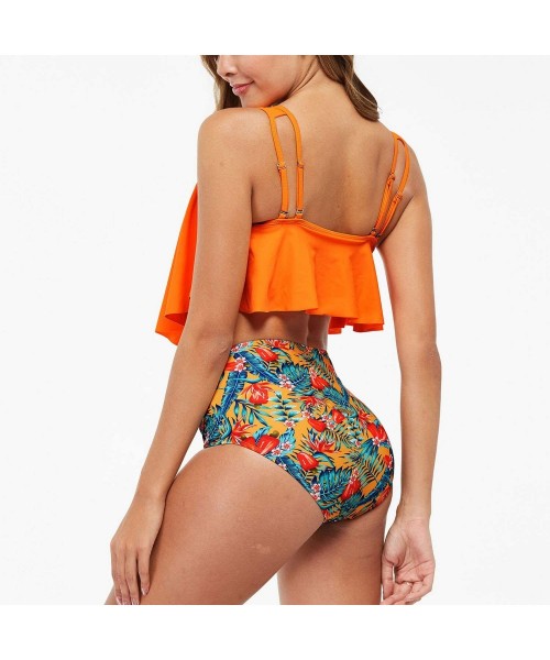 Tankinis Women's Flounce Tankini Falbala Swimsuit Flowy Ruffle High Waisted Bathing Suits - Orange - CJ190MZC48Z