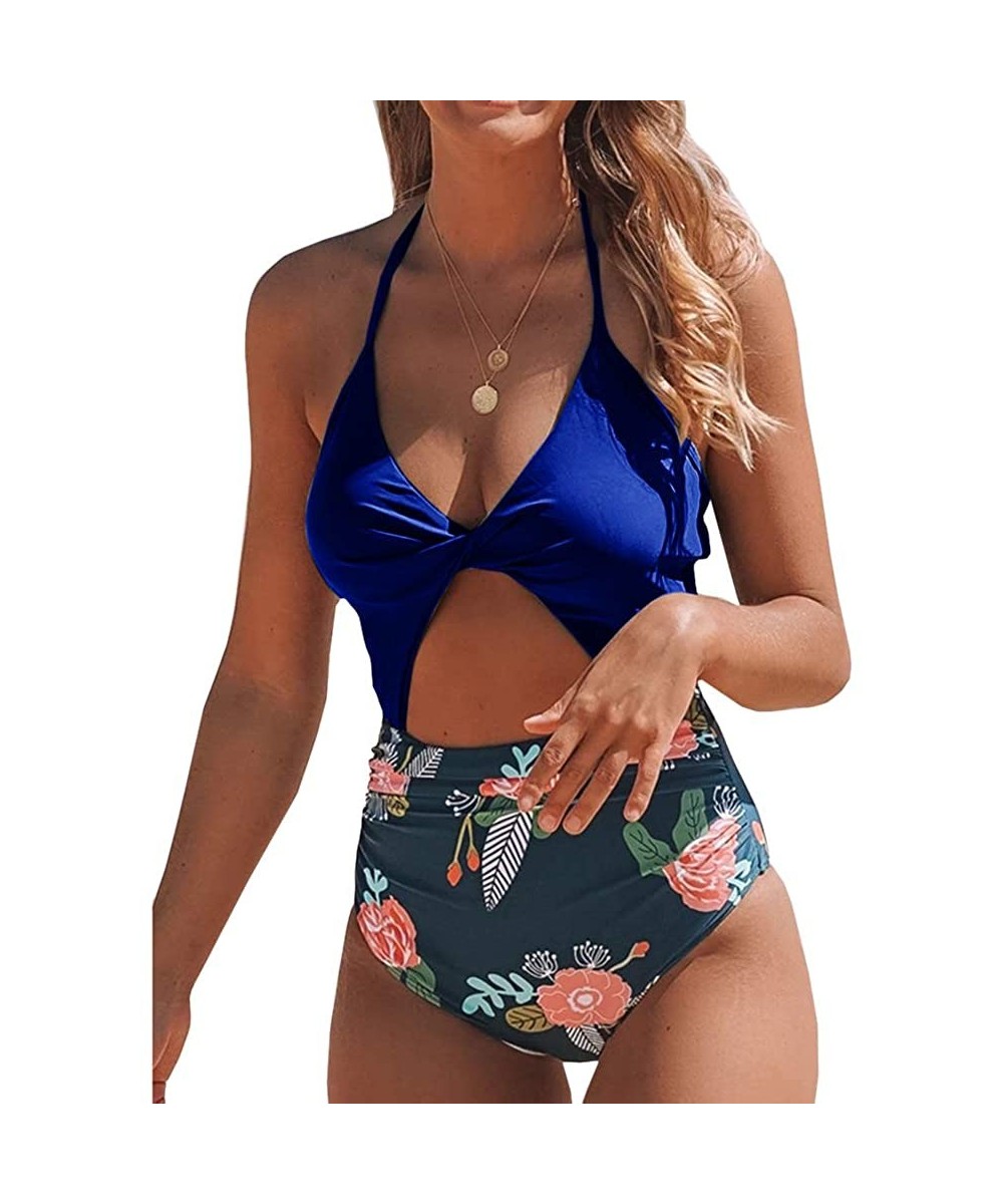 One-Pieces Womens One Piece Swimsuits High Waisted Tummy Control Twist Halter Backless Floral Swimwear Bathing Suits - Blue -...