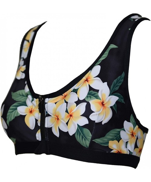 Rash Guards Women Plus Size UPF 50+ Swim Front Zip Bra Short Top Rash Guard - Hawaiian Black Plumeria_rs - CH18L2SD4E5