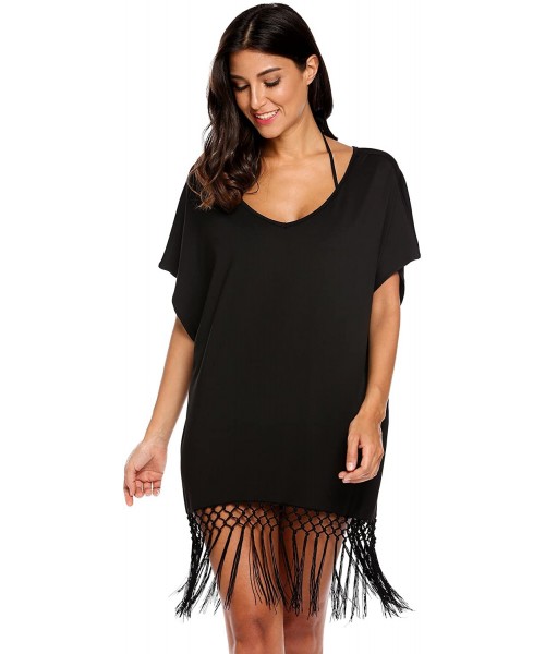 Cover-Ups Women's Summer Swimwear Short Sleeve Tassel Loose Tunic Cover up/Beach Dress - Black - CT17YUE2ETY