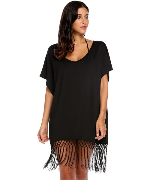 Cover-Ups Women's Summer Swimwear Short Sleeve Tassel Loose Tunic Cover up/Beach Dress - Black - CT17YUE2ETY