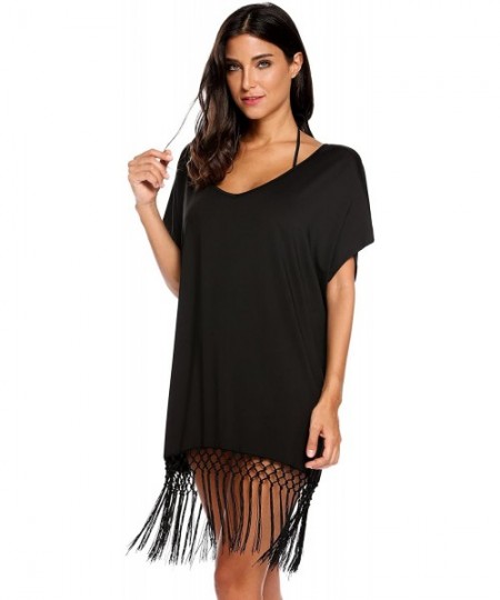 Cover-Ups Women's Summer Swimwear Short Sleeve Tassel Loose Tunic Cover up/Beach Dress - Black - CT17YUE2ETY