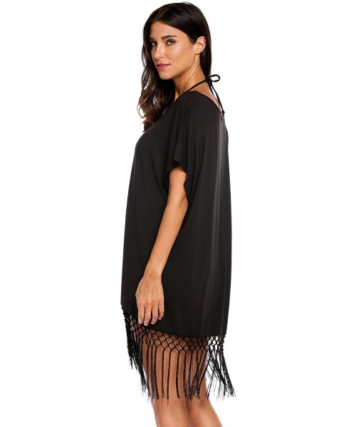 Cover-Ups Women's Summer Swimwear Short Sleeve Tassel Loose Tunic Cover up/Beach Dress - Black - CT17YUE2ETY