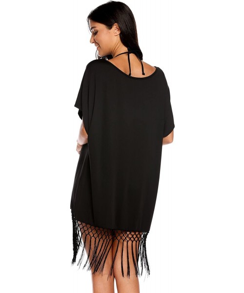 Cover-Ups Women's Summer Swimwear Short Sleeve Tassel Loose Tunic Cover up/Beach Dress - Black - CT17YUE2ETY