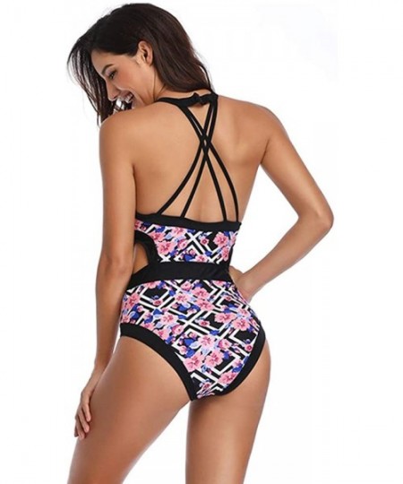 One-Pieces 1 Piece Swimsuit Women Retro Monokini Tummy Control Halter Bathing Suits - Black/Women - CM18RYT0TCH