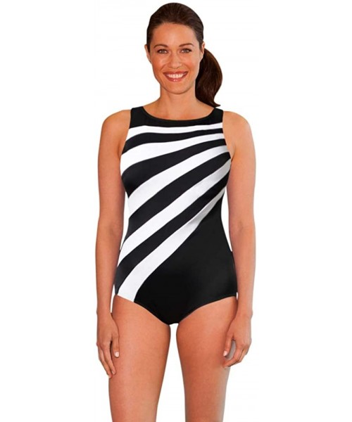 Racing Chlorine Resistant Black and White Spliced Color Block High Neck One Piece Swimsuit - CF18A3AXSQ8