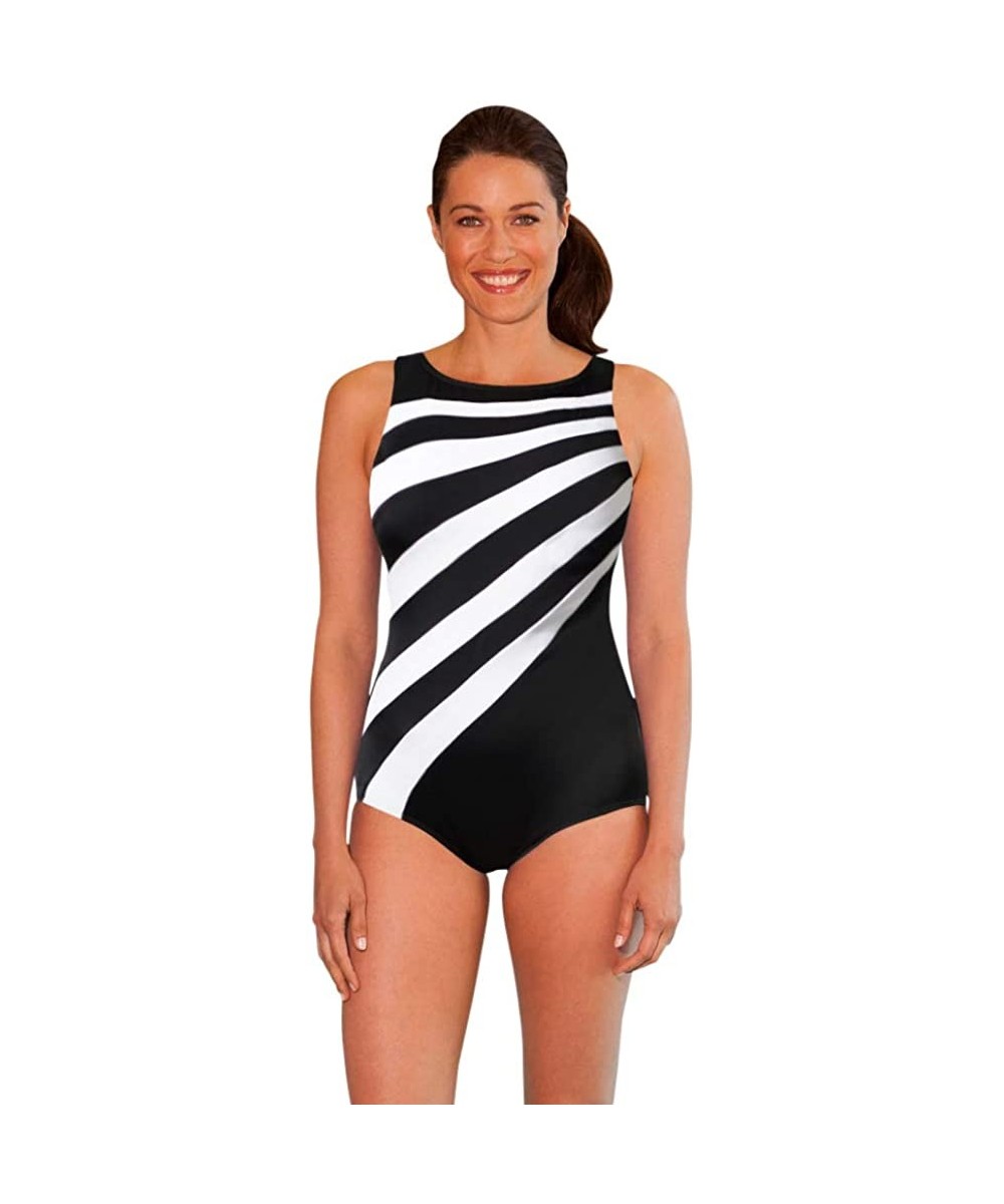 Racing Chlorine Resistant Black and White Spliced Color Block High Neck One Piece Swimsuit - CF18A3AXSQ8