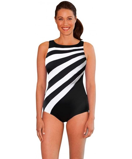 Racing Chlorine Resistant Black and White Spliced Color Block High Neck One Piece Swimsuit - CF18A3AXSQ8