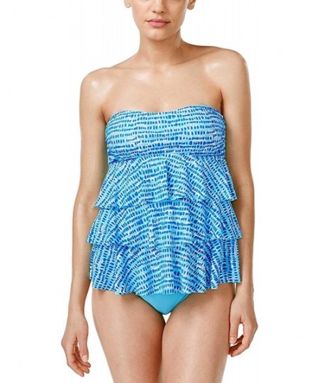 Tankinis Women's Printed Strapless Ruffled Tankini Top - Aqua - C01806ZM46W