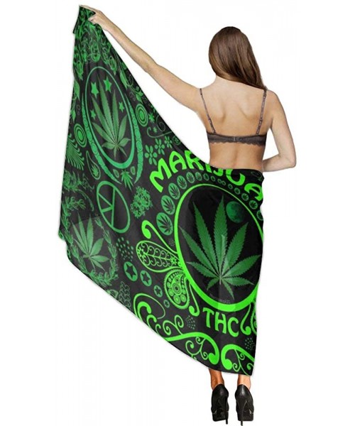 Cover-Ups Women Girls Fashion Chiffon Beach Bikini Cover Up Sunscreen Wrap Scarves - Green Marijuana Leaf Flag Weed - CS190HK...