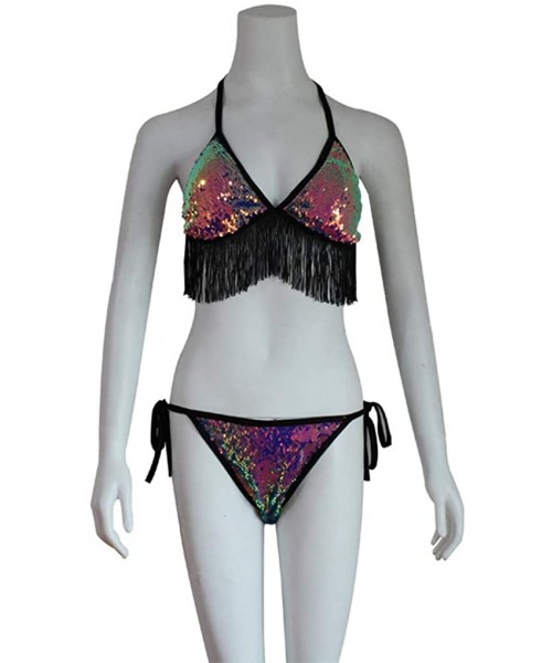 Sets 2 Piece Sexy Sequin Fringe Tassel Bikini Set Triangle Bikini Set Swimsuits Bandage Side Tie Bikini Set Multi Color - C81...