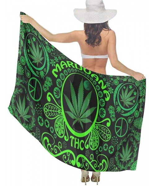 Cover-Ups Women Girls Fashion Chiffon Beach Bikini Cover Up Sunscreen Wrap Scarves - Green Marijuana Leaf Flag Weed - CS190HK...