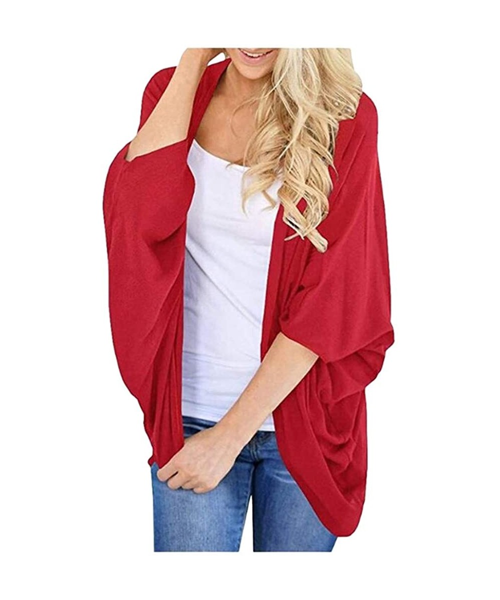 Cover-Ups Women's Solid Color Chiffon Kimono Cardigan Loose Sleeves Cover up - Red - CJ1942877EL