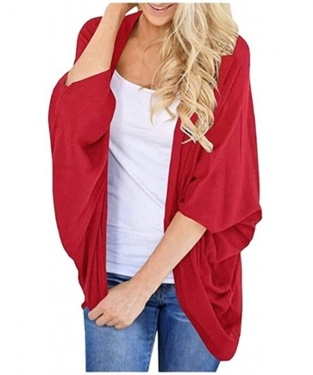 Cover-Ups Women's Solid Color Chiffon Kimono Cardigan Loose Sleeves Cover up - Red - CJ1942877EL