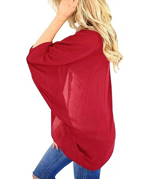 Cover-Ups Women's Solid Color Chiffon Kimono Cardigan Loose Sleeves Cover up - Red - CJ1942877EL