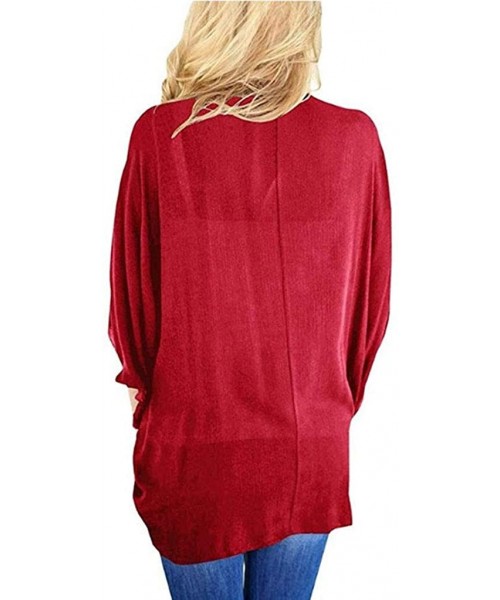 Cover-Ups Women's Solid Color Chiffon Kimono Cardigan Loose Sleeves Cover up - Red - CJ1942877EL