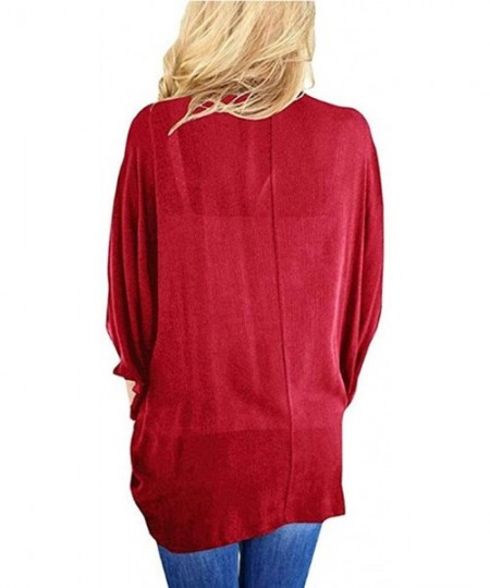 Cover-Ups Women's Solid Color Chiffon Kimono Cardigan Loose Sleeves Cover up - Red - CJ1942877EL