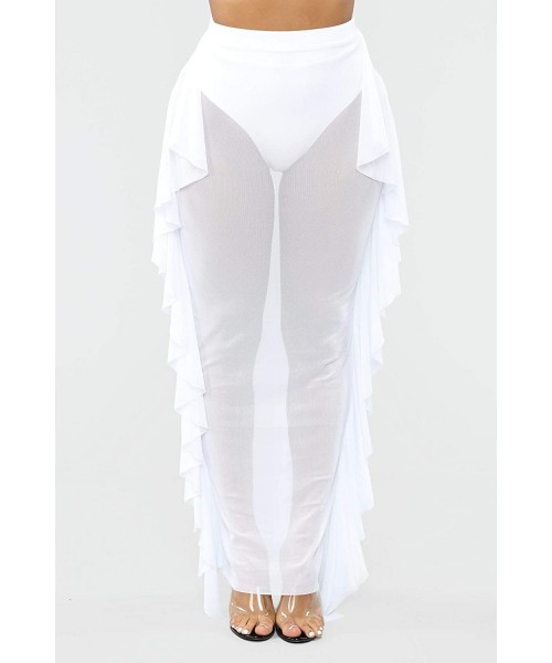 Cover-Ups Women Sexy See-Through Maxi Swimsuit Skirt Sheer Chiffon Skinny Sarong Bikini Cover up - White Ruffle - CT19GZDHLHG