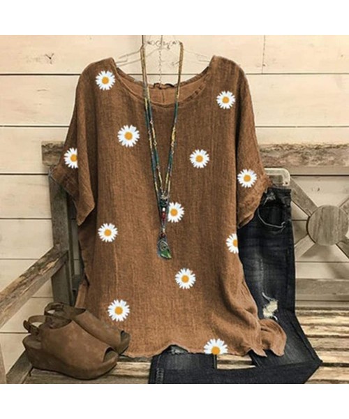 Board Shorts Women Oversized Tunic florla Printed Women Summer Crewneck Short Sleeve Loose Fit Tee Basic tees - Khaki_3 - CA1...