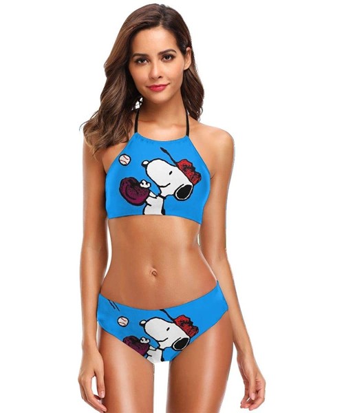 Sets Womens Halter Bikini Set Snoopy Printing High Neck 2 Piece Swimsuits Padded Swimwear Bathing Suit - CD18TQDQZAC