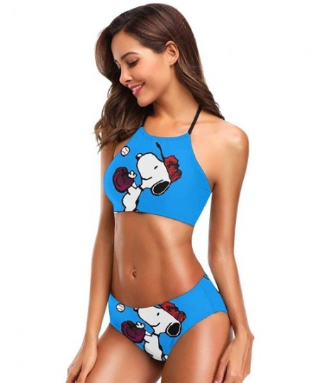 Sets Womens Halter Bikini Set Snoopy Printing High Neck 2 Piece Swimsuits Padded Swimwear Bathing Suit - CD18TQDQZAC