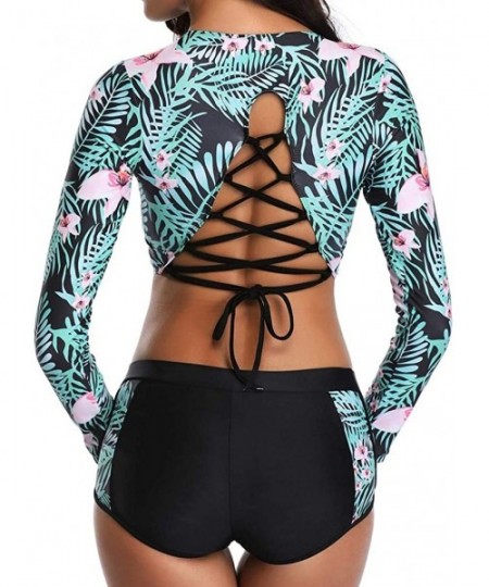 Rash Guards Women 2 Piece Swimsuit Long Sleeve Cutout Rashguards Print Surfing Suit by Lowprofile - Green - CH18NR8GG6C