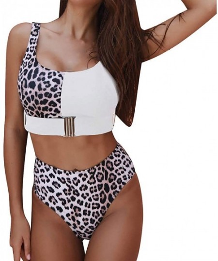 Sets Women's Leopard Swimsuit Splice Buckle Up Scoop Neck High Waist Two-Piece Bikini Sets Beachwear Swimwear - White - CA194...