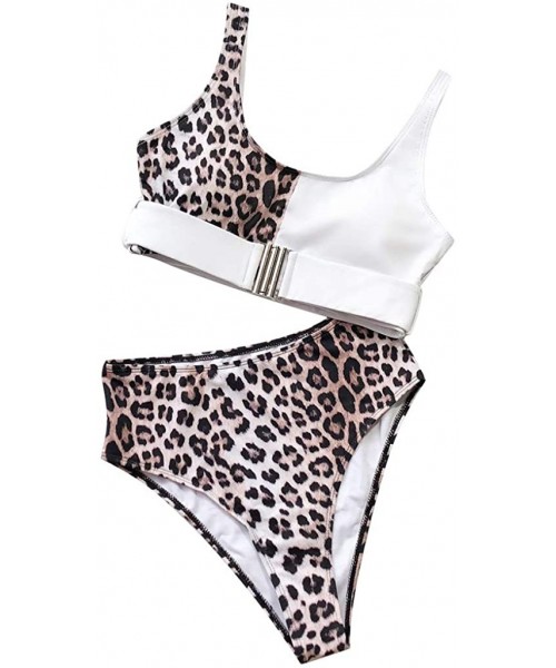 Sets Women's Leopard Swimsuit Splice Buckle Up Scoop Neck High Waist Two-Piece Bikini Sets Beachwear Swimwear - White - CA194...