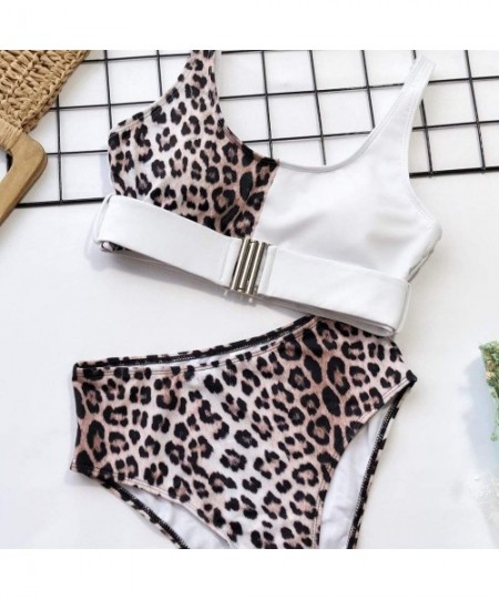 Sets Women's Leopard Swimsuit Splice Buckle Up Scoop Neck High Waist Two-Piece Bikini Sets Beachwear Swimwear - White - CA194...