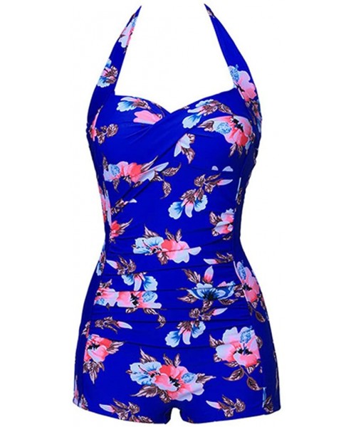 One-Pieces One Pieces Solid Floral Lace Up Pin Up Sexy Women Front Strappy Cross Swimwear - Smt01 Blue Floral - CT18ET092AO