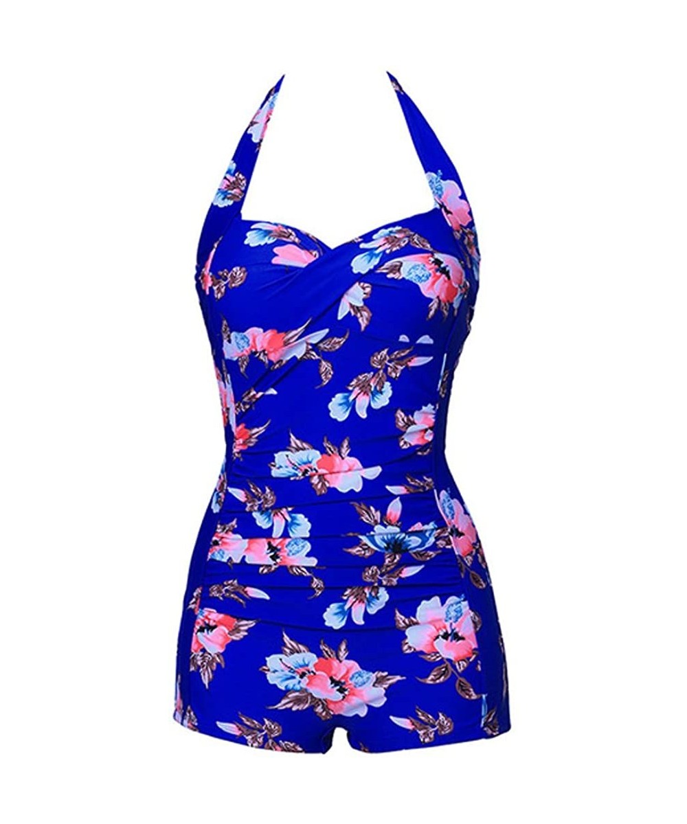 One-Pieces One Pieces Solid Floral Lace Up Pin Up Sexy Women Front Strappy Cross Swimwear - Smt01 Blue Floral - CT18ET092AO