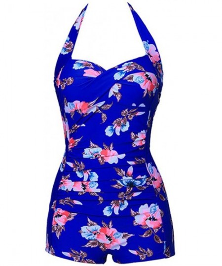 One-Pieces One Pieces Solid Floral Lace Up Pin Up Sexy Women Front Strappy Cross Swimwear - Smt01 Blue Floral - CT18ET092AO