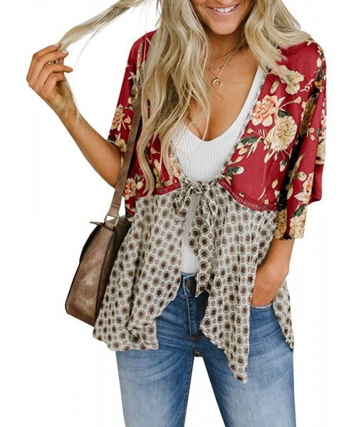 Cover-Ups Women Floral Kimono Cardigans 3/4 Ruffle Sleeve Lightweight Patchwork Flowy Boho Tie Loose Cover Ups - Burgundy - C...