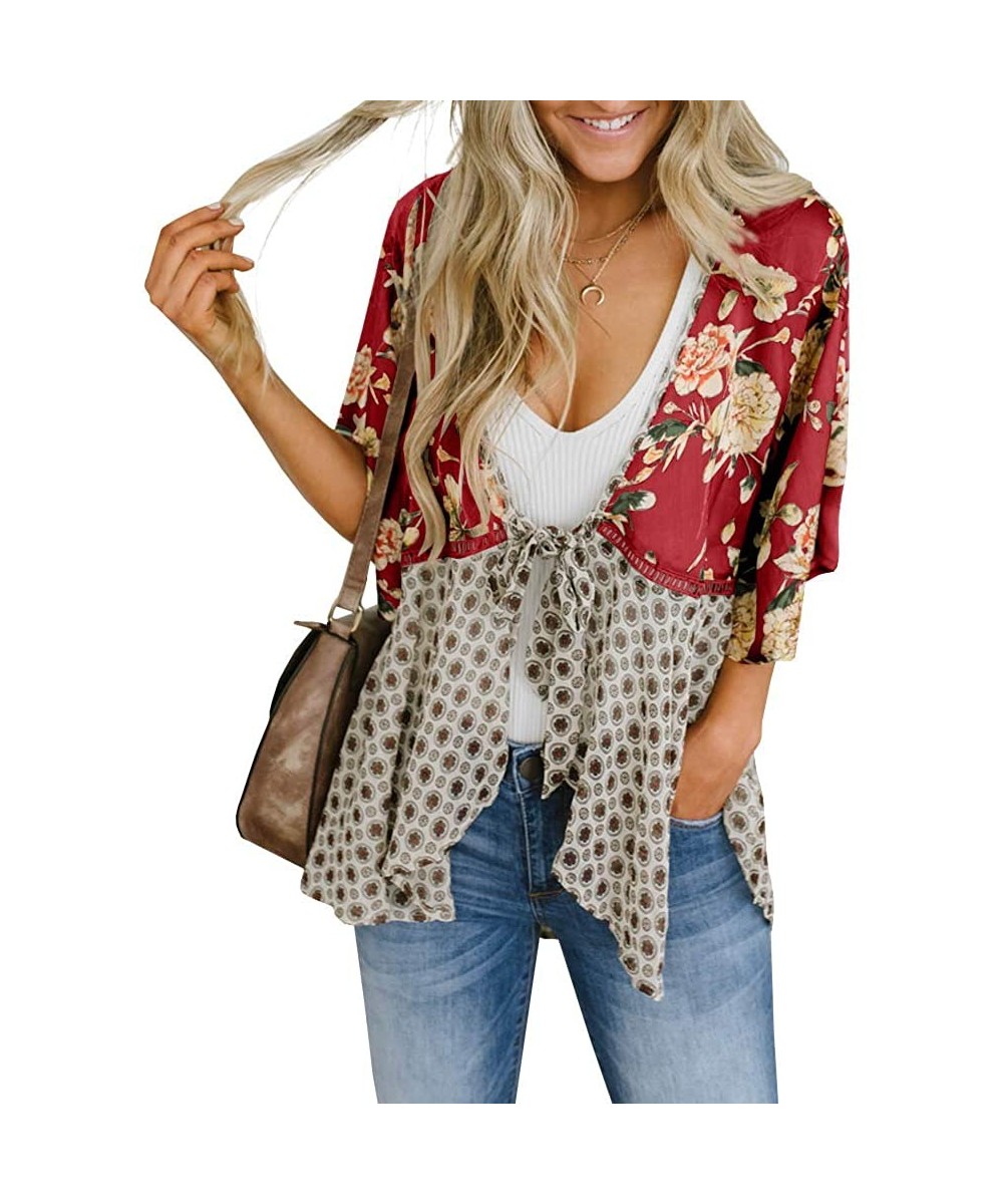 Cover-Ups Women Floral Kimono Cardigans 3/4 Ruffle Sleeve Lightweight Patchwork Flowy Boho Tie Loose Cover Ups - Burgundy - C...