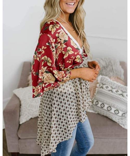 Cover-Ups Women Floral Kimono Cardigans 3/4 Ruffle Sleeve Lightweight Patchwork Flowy Boho Tie Loose Cover Ups - Burgundy - C...