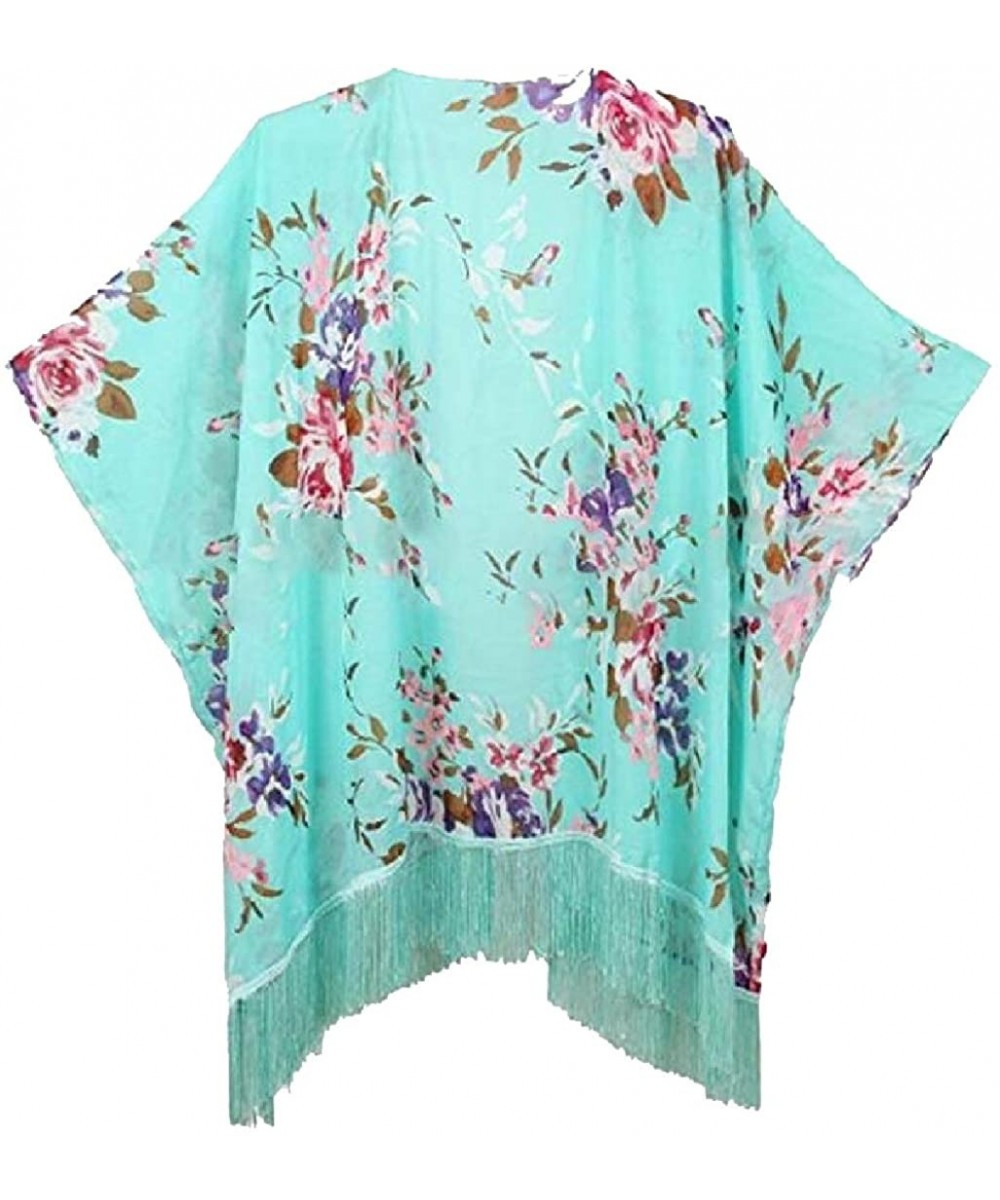 Cover-Ups Women's Kimono Chiffon Cardigan High Low Long Floral Beach Swim Bikini Cover Ups - Green - C119C4MOWCH