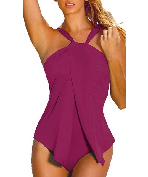 One-Pieces Womens Halter Neck One Piece Padded Tankini Swimsuit Monokini Swimwear Swimdress FBA - Fuchsia - CP182M05UC3