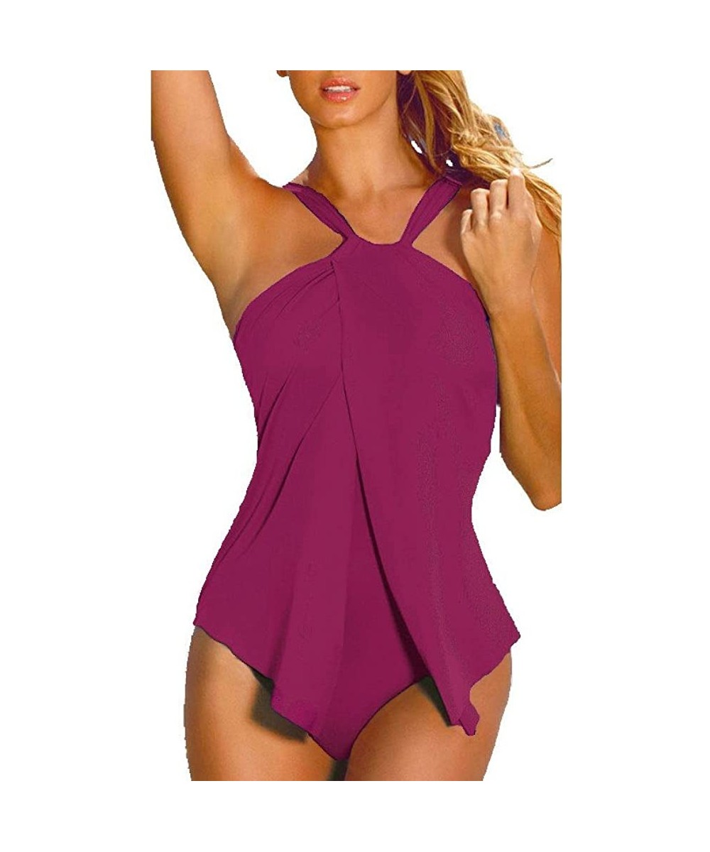 One-Pieces Womens Halter Neck One Piece Padded Tankini Swimsuit Monokini Swimwear Swimdress FBA - Fuchsia - CP182M05UC3